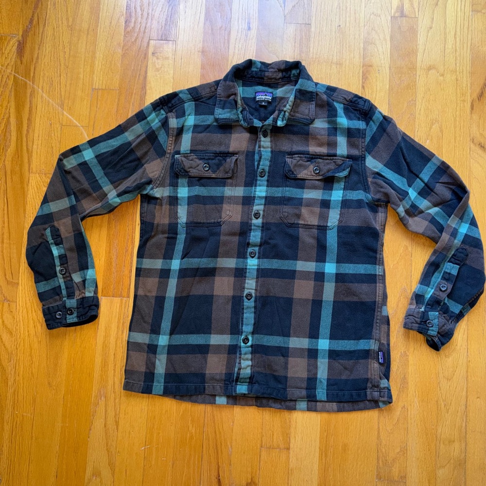 Patagonia Mens Organic Cotton Flannel Plaid Button Down Shirt Brown Teal M Fall